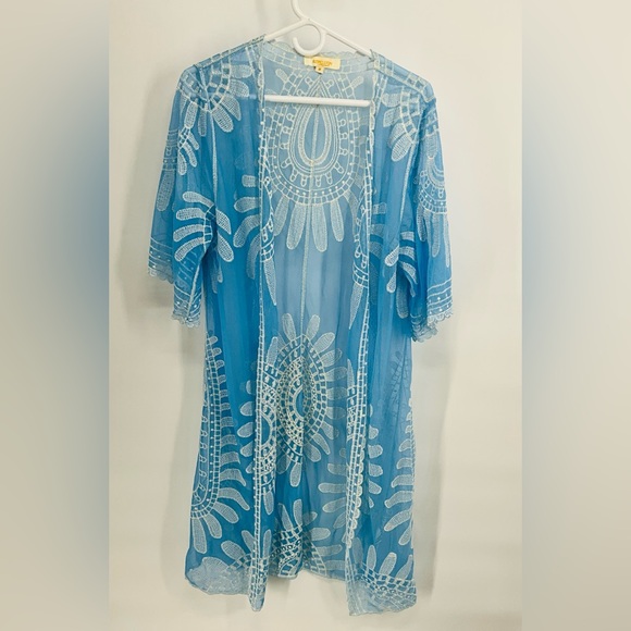 Rebellion Other - Rebellion Sky Powder Blue Sheer Kimono with White Embroidery Beach Cover M